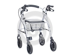 Rollator walking aid frame with four wheels, a seat and handlebars