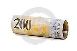 Rolled 200 swiss francs banknotes