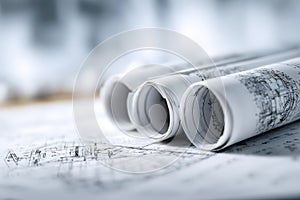 Rolled architectural blueprints with detailed technical drawings on a workspace