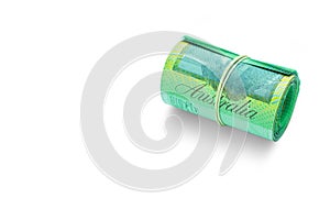 Rolled Australian banknotes isolated on white background with Textfree and clipping path. I