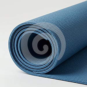 A rolled blue yoga mat is shown on a plain background. The mat features a textured photo