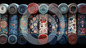 Rolled carpets in shop, colorful patterns, display of textiles