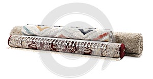 Rolled carpets on white background. Interior element