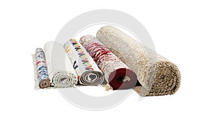 Rolled carpets on white background. Interior element
