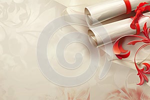 Rolled diplomas tied with red ribbons on textured background. Place for text