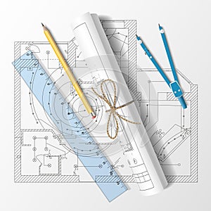 Rolled drafts with a pencil, a ruler and compasses. Vector illus
