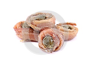 Rolled fillets of anchovies with capers on white background