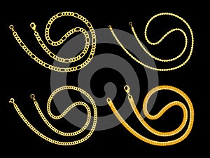 Rolled gold chain collection isolated on black