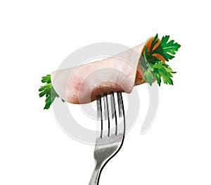 Rolled ham on fork