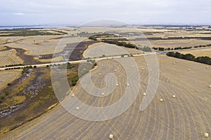 Rolled hay bales in a dry agricultural field in regional Australia