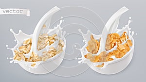 Rolled oats and milk splashes. Corn flakes. 3d vector icon set