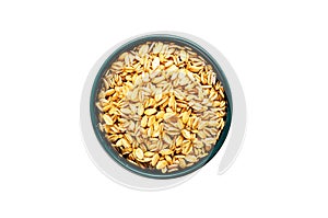 Rolled oats or old-fashioned oats in blue ceramic bowl on white background. Balanced diet and healthy eating concept