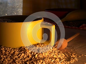 Rolled oats for porridge with bowl close up