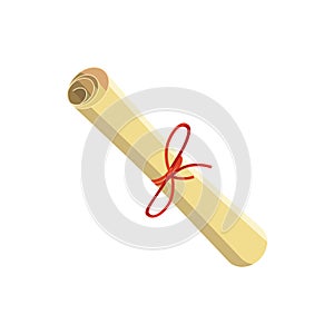 Rolled paper with red tape icon, cartoon style