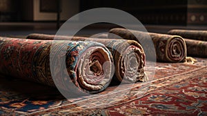 Rolled Persian carpets on a Dark Background