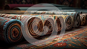 Rolled Persian carpets on a Dark Background