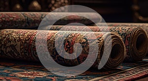 Rolled Persian carpets on a Dark Background