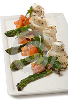Rolled plaice fillet with asparagus. photo