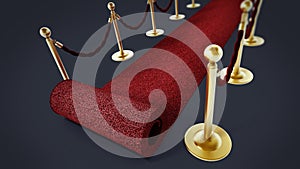 Rolled red carpet and velvet ropes isolated on white background. 3D illustration