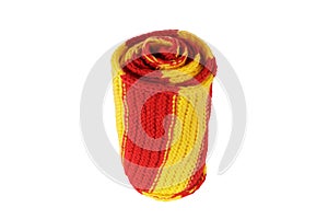 rolled red-yellow striped wool scarf isolated on white background