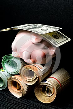 Rolled several thousand euro banknotes, dollars cash with rubbers ang pig. Pig money box with euro, dollars cash, savings, storage