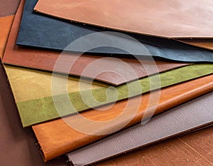 Pieces of the colored leathers. raw materials for manufacture
