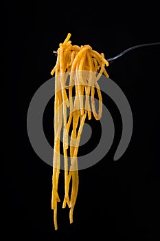Rolled spaghetti on a fork