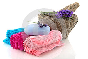 Rolled towels with lavender soap