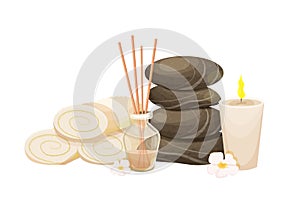 Rolled towels, spa stones tower, aroma candles and incense sticks in bottle in cartoon style isolated on white