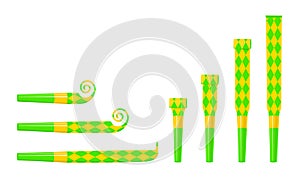 Rolled and unrolled party blowers, horns, noise makers. Green and yellow sound whistles with rhombus pattern isolated on