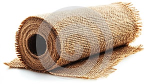 Rolled up burlap fabric against a white background