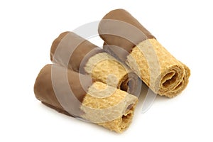 Rolled up crispy chocolate wafers