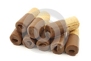 Rolled up crispy chocolate wafers