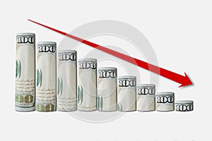 Rolled up dollar bills falling graph with red down arrow. Business concept