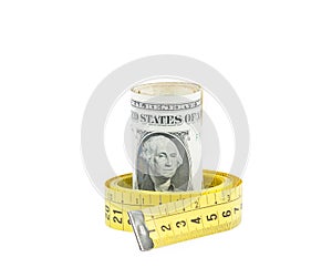 Rolled up dollars inside measure tape on white background, concept for business and save money