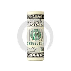 Rolled up hundred dollar bill isolated on white background. Hundred dollar bills rolled up. Folded dollars