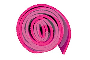 Rolled up pink yoga mat isolated on white background.