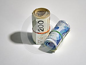 Rolled up polish money PLN - two hundred polish zloty bills isolated on a white background