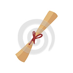 A rolled up scroll of old yellow paper with a red ribbon. A thin, graceful paper scroll with a magic spell.Vector illustration in