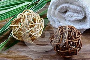 Rolled white towel with pedig spheres and bamboo grass