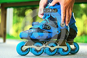 Roller adjusting buckle on inline roller skates.