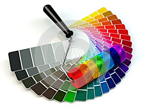 Roller brush and color guide palette in rainbow colors.