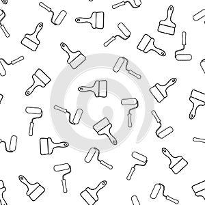 Roller and brush icons. Vector seamless pattern with hand drawn isolated construction materials on white color. Pattern