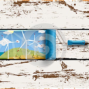 Roller brush and wind turbines landscape