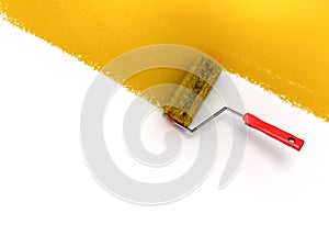 roller brush with yellow paint wall