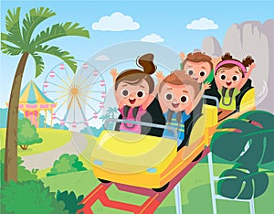 Roller-coaster. Children in amusement park. Children have fun in amusement park.