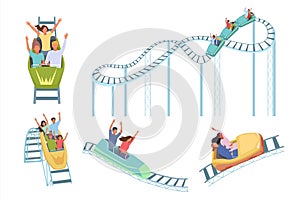 roller coaster. happy kids in amusement park riding on roller coaster fast russian mountains. Vector happy and scared