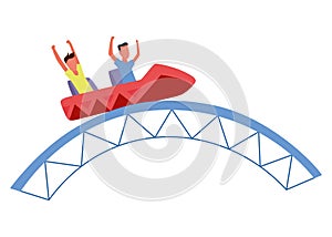 Roller coaster happy people. Rollercoaster. Friends riding in amusement park have fun positive emotion, park attractions