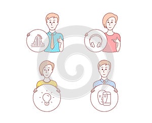 Roller coaster, Headphones and Light bulb icons. Face biometrics sign. Vector