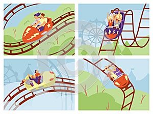 Roller coaster poster set in flat vector illustration on colored background.